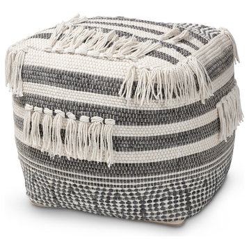 Georgiann Moroccan Inspired and Ivory Handwoven Cotton Pouf Ottoman, Gray/Ivory