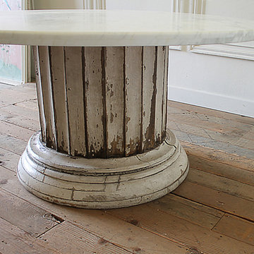 Antique Column Pedestal Dining Table Original Paint Calcutta Gold Marble Top