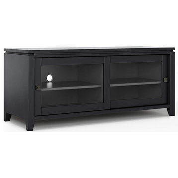 Contemporary TV Stand, Pine Wood With 2 Sliding Glass Doors, Black