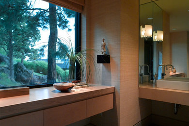 Mid-sized contemporary master bathroom in Other with flat-panel cabinets, beige cabinets, beige walls, slate floors, a vessel sink, wood benchtops and multi-coloured floor.