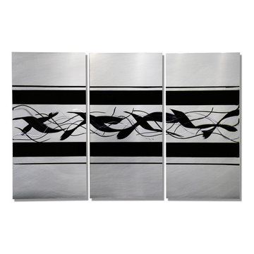 Migration - Modern Black and Silver Hand-Painted Abstract Metal Wall Art