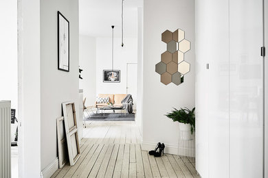 Photo of a mid-sized scandinavian hallway in Gothenburg with white walls and light hardwood floors.