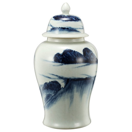 Ceramic Windswept Ginger Jar In White And Blue