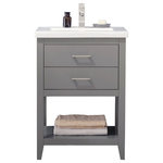 Design Element - Cara 24" Single Sink Vanity, Gray - The Cara 24" Single Sink Vanity by Design Element provides the perfect finishing touch to your bathroom remodel project. Constructed of solid hardwood, this vanity will maintain its beauty and functionality year after year. The porcelain countertop and integrated sink with overflow perfectly matches the styling of the cabinet, and is extremely simple to maintain. There is ample storage space for this vanity despite its small size. Hidden in the flip down drawer is a unique and useful storage box, and a second fully functional drawer constructed with dovetail joinery sits on soft close glides. There is also an open shelf at the base of the cabinet. The included Satin nickel hardware provides the perfect finishing touch to the gray cabinet. Faucet and drain are not included.