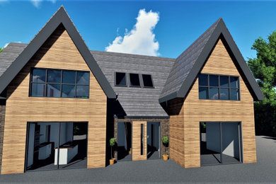 Imagen de fachada de casa multicolor y gris contemporánea grande de dos plantas con revestimiento de madera, tejado a dos aguas, tejado de teja de barro y tablilla