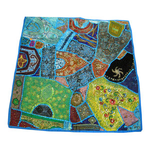 Mogul Interior - Consigned Indian Sari Blue Table Cloth - Tapestries