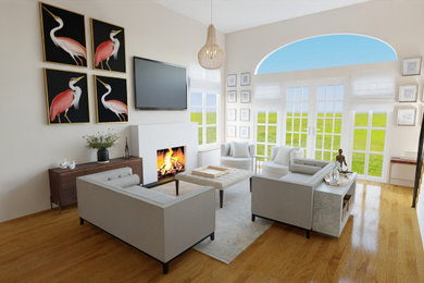 Living room - huge mid-century modern open concept living room idea in New York with a wall-mounted tv