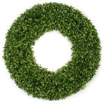 Mills Floral Company - Faux Boxwood Round Wreath, 20" - A classic Round Boxwood Wreath is a perfect addition to one's front door. Our boxwood wreath is designed using the finest artificial materials. Each wreath is constructed on a metal round wreath base and covered with lifelike boxwood leaves to create a lush green appearance. The back of the wreath includes a metal hook for hanging.