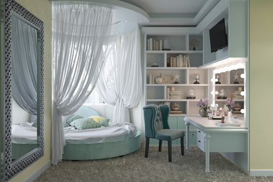 Mid-sized traditional kids' room in Moscow with yellow walls, carpet and beige floor for girls.