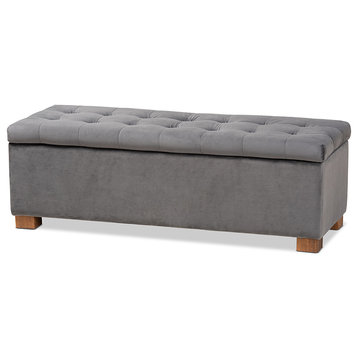 Roanoke Gray Velvet Fabric Upholstered Grid-Tufted Storage Ottoman Bench