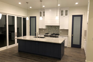 Kitchen pantry - large transitional u-shaped light wood floor and gray floor kitchen pantry idea in Other with an undermount sink, recessed-panel cabinets, white cabinets, gray backsplash, ceramic backsplash, stainless steel appliances, an island and multicolored countertops