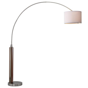 Contemporary Floor Lamp, Arched Design With Round Metal Base and Cotton Shade