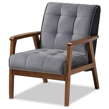 Asta Mid-Century Gray Velvet Fabric Upholstered Walnut Finished Wood Armchair