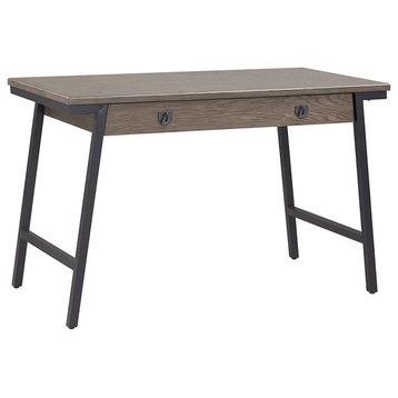 Transitional Desk, Rectangular Top & Drawer With Drop Front, Gray/Matte Black