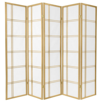 Room Divider, Double Crossed Detail Translucent Rice Paper Shades, Gold, 5 Panel