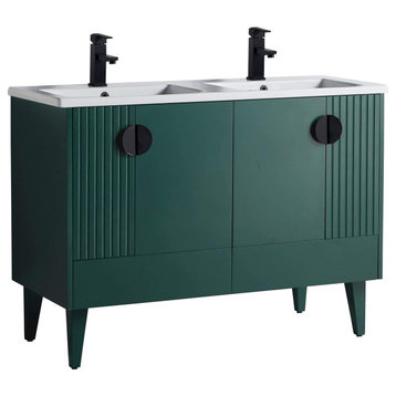Venezian Single Bathroom Vanity, Green, 48", Black Handles, Two Sinks