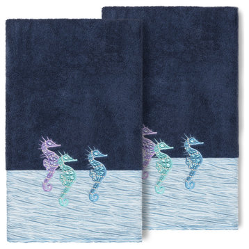 100% Turkish Cotton Sofia 2-Piece Embellished Bath Towel Set, Midnight Blue