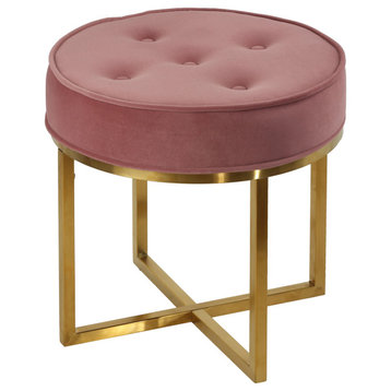 Cortesi Home Rosa Round Ottoman, Blush Pink Velvet With Brushed Gold Steel