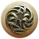Notting Hill Decorative Hardware - Tiger Lily Wood Knob, Antique Brass, Natural Wood Finish, Antique Brass - Projection: 1-1/8"
