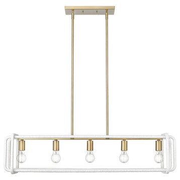 Camden 5-Light Linear Pendant, Brushed Champagne Bronze With Bleached White Raphia Rope