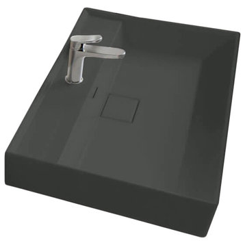 Rectangular Matte Black Ceramic Wall Mounted or Drop In Sink, One Hole
