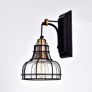 Locke 1-Light Black and Antique Gold Indoor Wall Sconce With Clear Glass