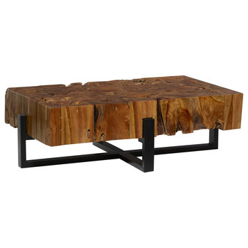 Rustic Coffee Table, Black Metal Base With Unique Thick Natural Teak Wood Top