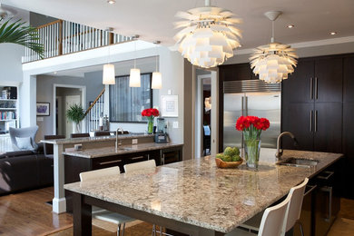 Trendy open concept kitchen photo in Atlanta with stainless steel appliances, a double-bowl sink, flat-panel cabinets, dark wood cabinets and granite countertops