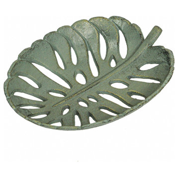 12 Inch Cast Iron Verdigris Tropical Leaf Decorative Bowl Serving Tray Kitchen