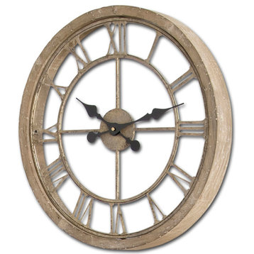 Mething Brown Wood and Gold Metal 32" Round Wall Clock