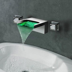 Contemporary LED Waterfall Two Handles Wall Mounted Bathroom Sink Faucet T1245 - Bathroom Sink Faucets