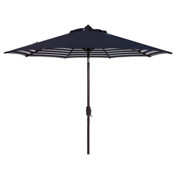 Safavieh Athens Inside Out Striped 9' Crank Umbrella, Navy/White