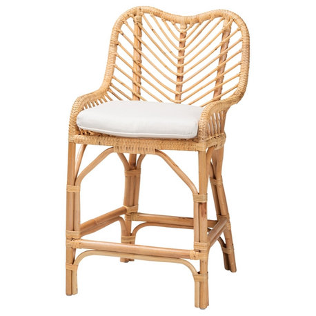 Modern Bohemian Natural Brown Rattan Counter Stool