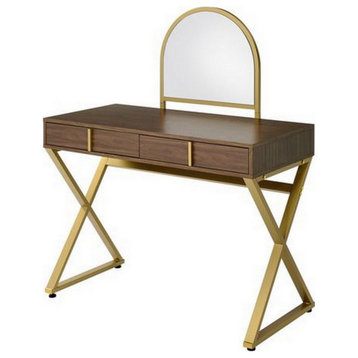 50" Classic Arched Mirror Vanity Desk, Wood, xMetal Frame, Brown, Gold