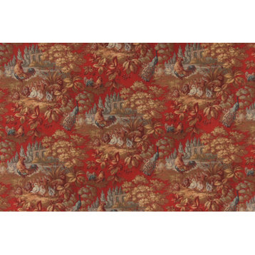 Red Rooster Toile Fabric Country Peacock Chickens, Standard Cut