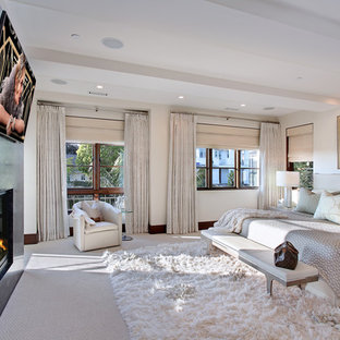 オレンジカウンティの大きいコンテンポラリースタイルのおしゃれな主寝室 (白い壁、カーペット敷き、標準型暖炉、漆喰の暖炉まわり) のレイアウト