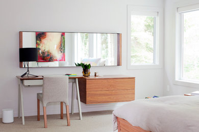Large trendy master carpeted bedroom photo in Vancouver with gray walls and no fireplace