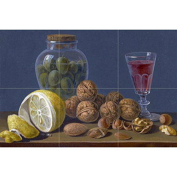 Tile Mural Still Life of Walnuts Almonds Glass Jar of Olives, Ceramic Glossy