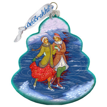 Hand Painted Glass Scenic Ornament, Palekh Skating Couple