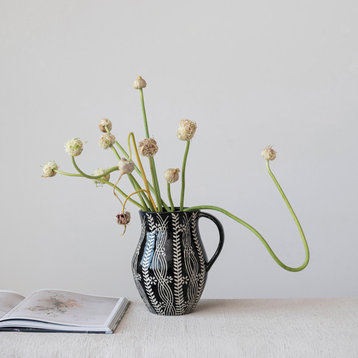 Stoneware Pitcher with Wax Relief Botanicals, Black and Natural