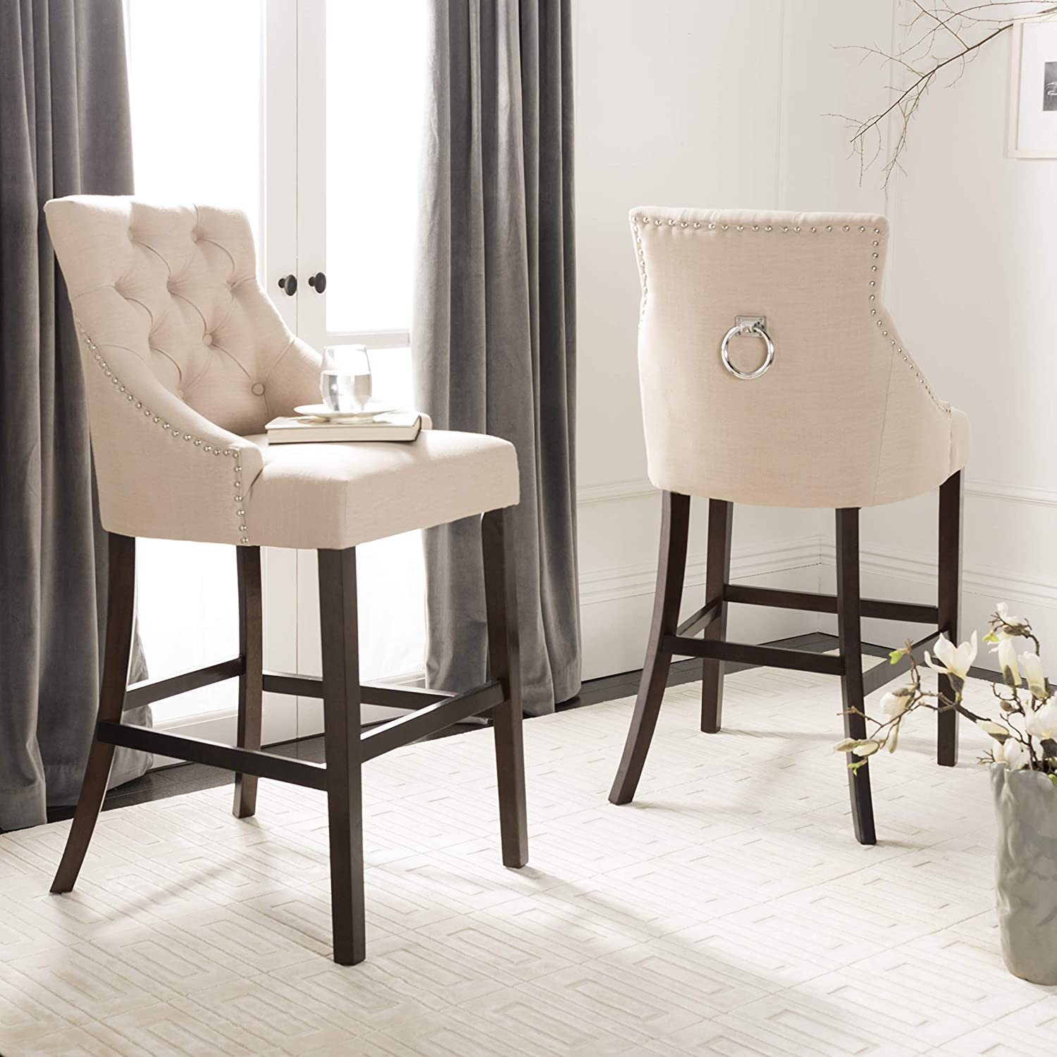 Button Back Stools Set of 2 Bar Stool, Button Tufted Back With Sloped Arms and Nailhead ...