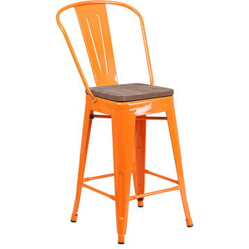 24" High Orange Metal Counter Height Stool With Back and Wood Seat