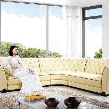 Beige Tufted Leather Sectional Sofa