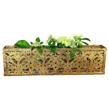 Long Gold Pierced Fretwork Candle Holder, Votive Glass Metal Moroccan