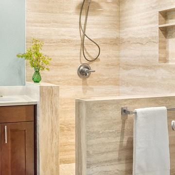 Walnut Travertine ThinSlab & Cotton White PentalQuartz - Sauvie Island