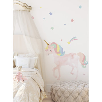 Watercolor Twinkling Unicorn with Stars Vinyl Wall Sticker, Medium