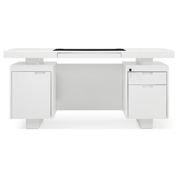 62” Modern Monroe White Matte Lacquer Desk Storage Drawers Black