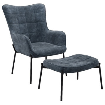 Charlotte Dark Teal Blue Velvet Fabric Wingback Accent Chair with Stool