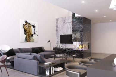Example of a mid-sized minimalist formal and loft-style concrete floor and gray floor living room design in Hamburg with white walls, a corner fireplace, a stone fireplace and a wall-mounted tv