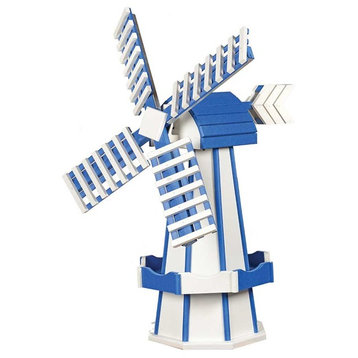 Poly Windmill, White, Blue Working Dutch Garden Weather Vane, Amish, 41"